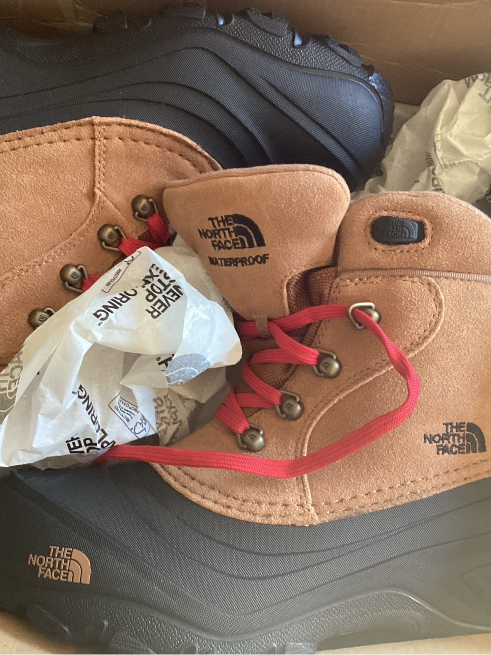 The North Face Kids Brown Waterproof Boots with Red Laces